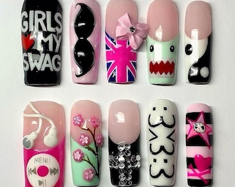 Y2K Emo Scene Press On Nails, iPod, Domo, Union Jack, Rhinestone Nail Art