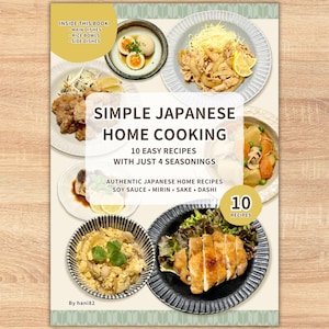 May include: A cookbook cover titled "Simple Japanese Home Cooking" displaying various Japanese dishes. The cover includes text about easy recipes and authentic ingredients. Dishes include rice bowls, main dishes, and side dishes.
