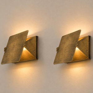 Pair of Antique Patina Brass Wall Sconces | Modern Geometric Wall Light  Handmade Luxury Bedroom & Living Room Wall Lighting Up Down Fixture