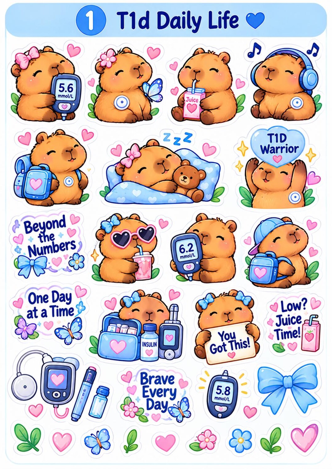 T1D Capybara Printable Stickers | Type 1 Diabetes Kawaii Stickers | 10 ...