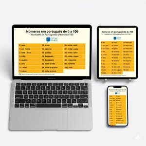 Pode incluir: Um laptop, um tablet e um smartphone exibem um gráfico de aprendizagem da língua portuguesa. O gráfico, intitulado "Números em português de 0 a 100", apresenta um design amarelo e branco com traduções de números. O laptop é um MacBook Air.