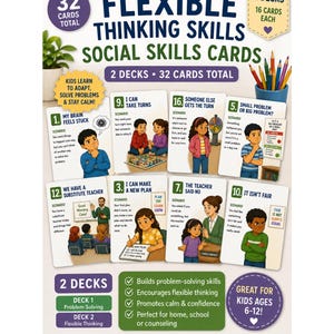 Kaarten voor flexibel denken | 32 printbare gesprekskaarten voor sociale vaardigheden | Cognitieve gedragstherapie (CBT) en sociaal-emotioneel leren (SEL) | Schoolbegeleider | Autisme ADHD