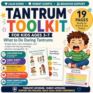Könnte beinhalten: Ein farbenfrohes "Trotz-Toolkit" für Kinder im Alter von 3-7 Jahren, mit Strategien zur Bewältigung großer Gefühle. Enthält visuelle Diagramme, Beruhigungspläne und Elternskripte. Sofort druckbar und nutzbar.