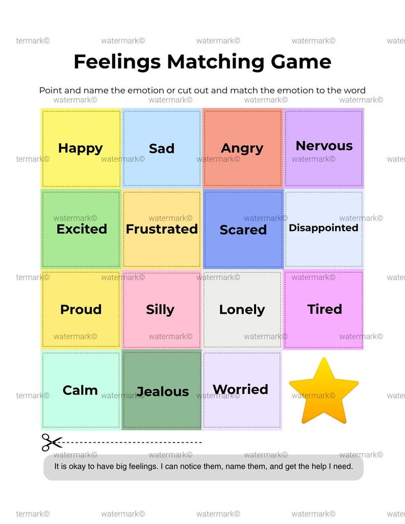 Feelings Matching Game Printable | SEL Activity, Emotions Chart ...