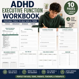 May include: A digital ADHD executive function workbook featuring 10 pages plus 4 bonus pages. The printable set includes worksheets for self-assessment, ADHD profiles, challenges, strengths, time blindness, daily logs, weekly calendars, and brain dumps.