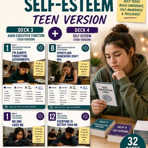 May include: A set of teen conversation cards titled ADHD + Self-Esteem, featuring 32 cards total. The cards include Deck 3 for ADHD executive function and Deck 4 for self-esteem, with text prompts, scenarios, body clues, and skills to practice.