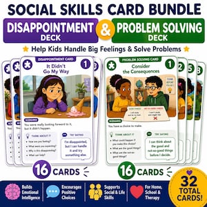 May include: A social skills card bundle featuring a Disappointment deck and a Problem Solving deck. The cards include illustrations of children in various scenarios, with text prompts for thinking and speaking. The set contains 32 total cards.