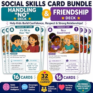 May include: A social skills card bundle featuring two decks: Handling No and Friendship. The cards display illustrated scenarios with children, text prompts for thinking, and suggested responses. The set includes 32 total cards with colorful graphics, icons, and educational text designed to help children build confidence and social skills.