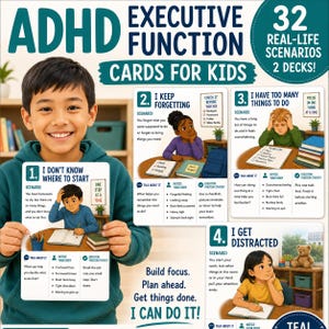 Kaarten voor kinderen met ADHD die executieve functies oefenen | 32 printbare kaarten voor sociale vaardigheden | ADHD-therapieactiviteiten | Schoolbegeleider | Executieve vaardigheden