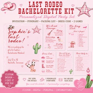 Può includere: Un kit per addio al nubilato rosa a tema western. Il kit include inviti, itinerario, lista di imballaggio, codice di abbigliamento e giochi. Il testo recita "Last Rodeo Bachelorette Kit" e "Sophie's last rodeo!" con illustrazioni di cactus e stivali da cowboy.