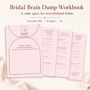 Könnte beinhalten: Ein rosa 'Bridal Brain Dump Workbook' mit dem Text 'A calm space for overwhelmed brides'. Das Arbeitsbuch ist ein druckbares PDF mit 16 Seiten, A4-Format. Das Cover zeigt den Text 'Bridal Brain Dump Workbook'.