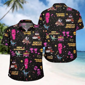 May include: Black button-up shirt with a colorful, cartoonish design. The shirt features illustrations of dinosaurs, skulls, trophies, and text including "Princess Donut & Mongo" and "Mongo is Appalled!"