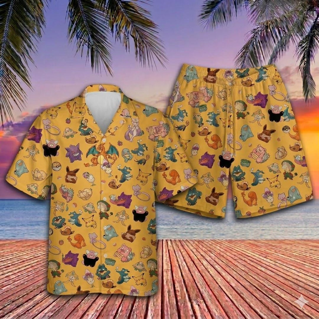 Anime Monster Hawaiian Set, Tropical Cartoon Creature Beachwear, Unisex ...