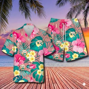 Bugs Rabbit Hawaiian Shorts Set, Navy Blue Tropical Carrot Pattern, Men's Short Sleeve Button Down Shirt, Summer Beach Vacation Outfit