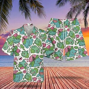 Komplet hawajskiej koszuli i szortów Bulbasaur | Zestaw z motywem anime dla mężczyzn | Letni strój plażowy w stylu lnianym | Uroczy strój wakacyjny z guzikami i motywem potwora