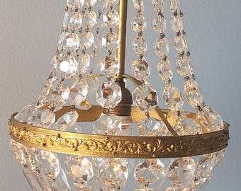 Vintage kristallen mandkroonluchter | Franse hanglamp Hollywood Regency goudmessing