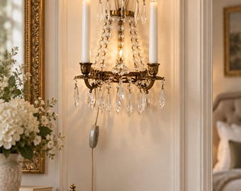Vintage Crystal Wall Sconce, Brass Applique, French Rococo Lighting
