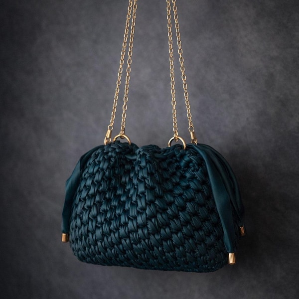 Bolso tipo cubo trenzado de piel sintética verde | Bolso shopper de ganchillo hecho a mano | Bolso de ganchillo hecho en Italia con correa para el hombro