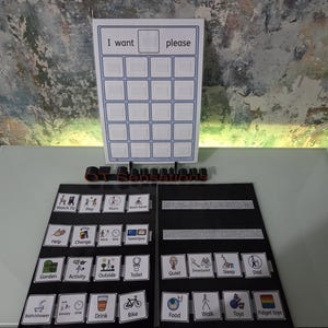 May include: A communication board with a white grid featuring the text I want please at the top. Below are two black boards with various square picture icons depicting daily activities, needs, and objects, including labels like Watch TV, Play, Mum, Wash hands, Garden, Toilet, Quiet, Sleep, Dad, Food, Walk, Toys, and Fidget toys.