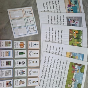 May include: A collection of educational flashcards and story cards. The flashcards have images and text, with prompts for "Who," "What," and "Where." Story cards illustrate scenes with text. These cards are designed for interactive learning.