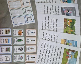 May include: Educational flashcards and story cards for language learning. The flashcards feature images and text, with prompts for "Who," "What," and "Where." Story cards depict scenes with text. The cards are designed for interactive learning.