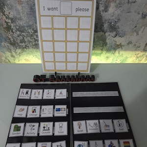 May include: Communication boards featuring the phrases "I want" and "please." The boards display picture cards with words and icons, such as "Watch TV," "Play," "Drink," and "Toys." These are designed to aid communication and expression.