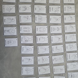 May include: A set of white flashcards with rounded corners, each displaying a black line drawing of a hand gesture and a matching word. The cards are arranged in rows and columns, with words such as "Blue," "Town," and "Holiday."