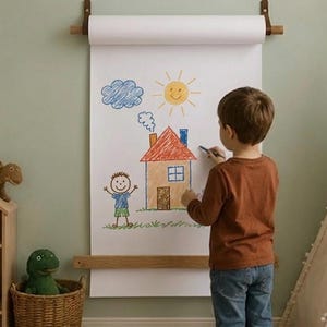 Pu&ograve; includere: Un portarotolo di carta a parete con un bastone di legno e cinghie di pelle, che mostra un grande foglio di carta bianco con un disegno a pastello colorato di una casa, un sole, una nuvola e una persona.