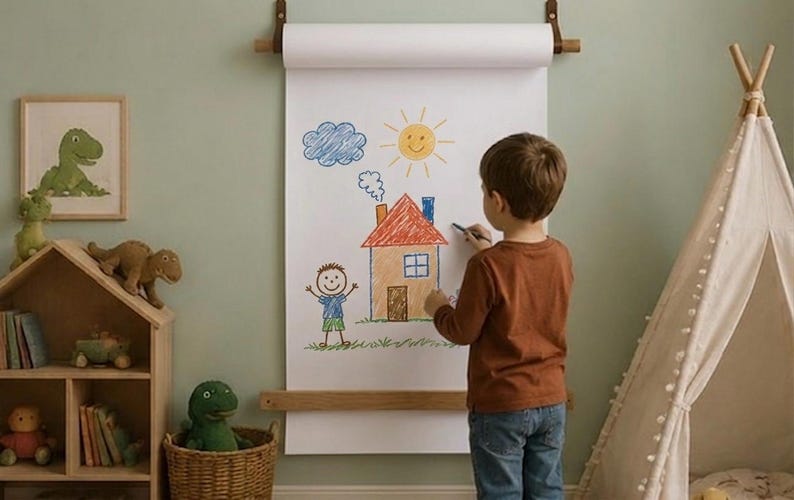 Pu&ograve; includere: Un portarotolo di carta a parete con un bastone di legno e cinghie di pelle, che mostra un grande foglio di carta bianco con un disegno a pastello colorato di una casa, un sole, una nuvola e una persona.