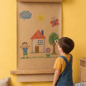 Pu&ograve; includere: Un dispenser da parete per rotoli di carta kraft con cornice in legno e cinghie in pelle, che mostra un lungo foglio di carta marrone con disegni a pastello colorati di una casa, un albero, un sole, una farfalla, una nuvola e una persona.