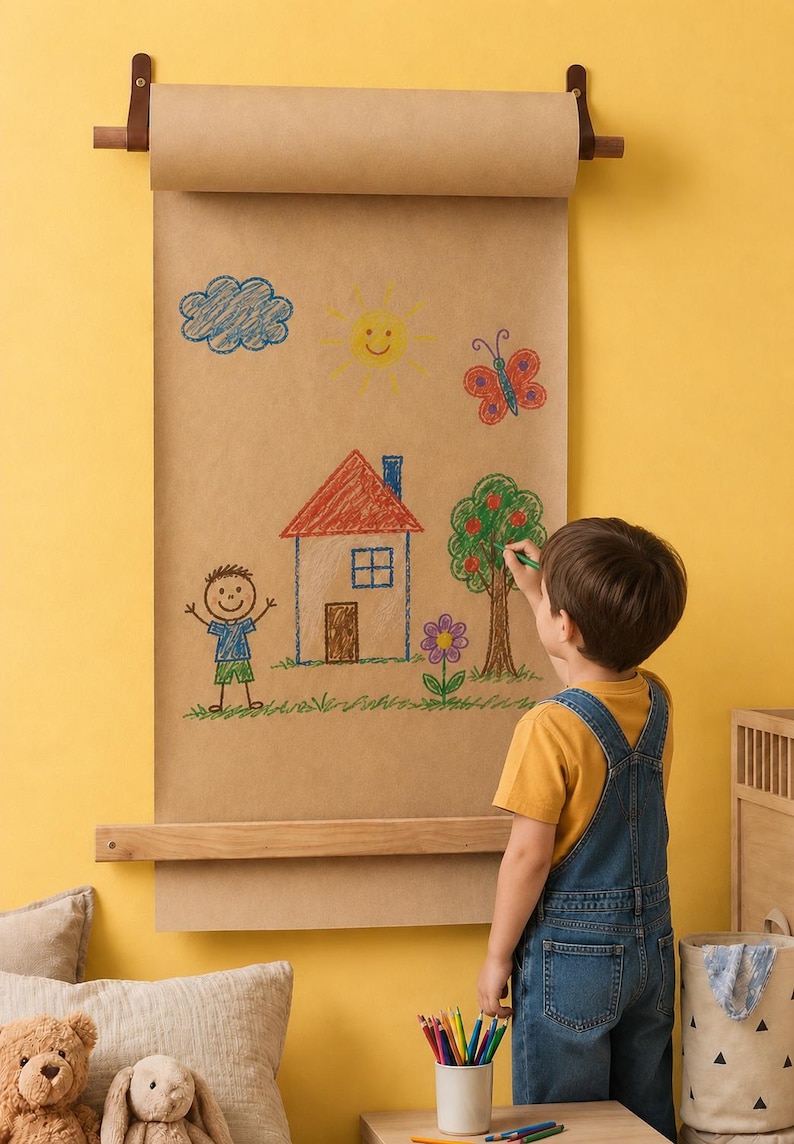 Pu&ograve; includere: Un dispenser da parete per rotoli di carta kraft con cornice in legno e cinghie in pelle, che mostra un lungo foglio di carta marrone con disegni a pastello colorati di una casa, un albero, un sole, una farfalla, una nuvola e una persona.