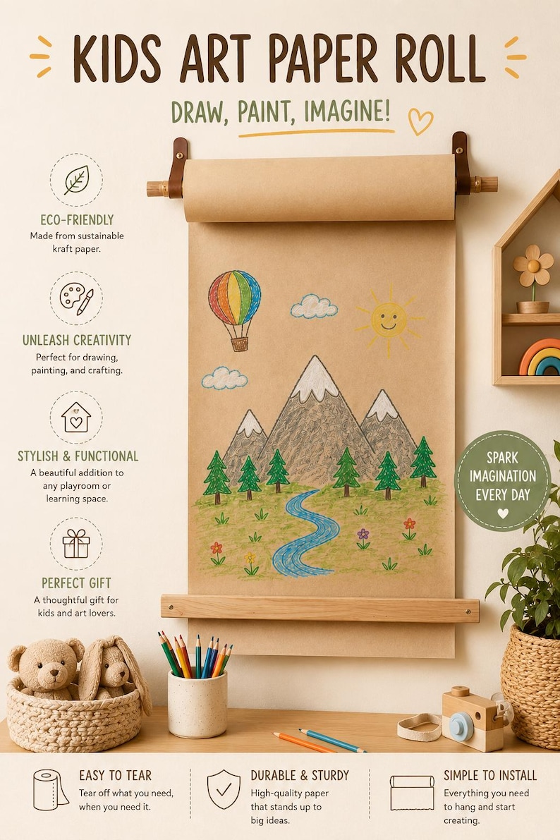 Pu&ograve; includere: Un dispenser da parete per rotoli di carta kraft con asta in legno e cinghie in pelle. La carta presenta un disegno a pastello colorato di montagne, un fiume, una mongolfiera e un sole. Il testo include KIDS ART PAPER ROLL e DRAW, PAINT, IMAGINE!