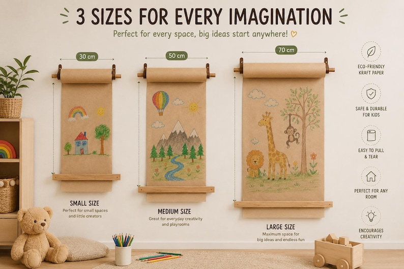 Pu&ograve; includere: Tre dispenser di carta kraft a parete con supporti in legno, etichettati 30 cm, 50 cm e 70 cm. La carta mostra disegni a matita colorata di una casa, un paesaggio e animali. Il testo recita 3 SIZES FOR EVERY IMAGINATION.