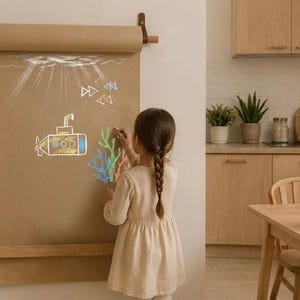 Pu&ograve; includere: Un dispenser per rotoli di carta kraft montato a parete con un'asta in legno e cinghie in pelle. La carta marrone srotolata mostra un disegno a gesso bianco e blu di un sottomarino, corallo e pesci, fissato alla parete con legno.