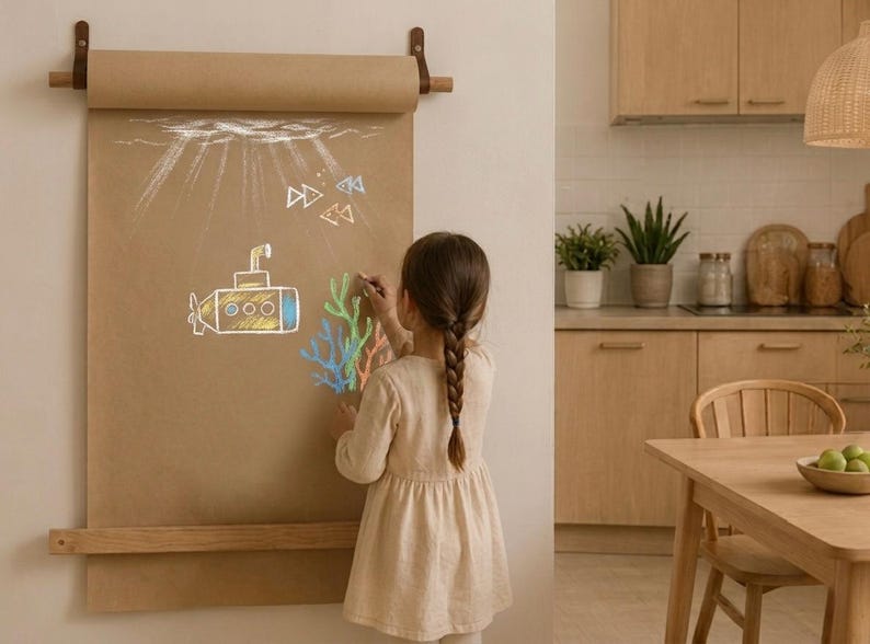 Pu&ograve; includere: Un dispenser per rotoli di carta kraft montato a parete con un'asta in legno e cinghie in pelle. La carta marrone srotolata mostra un disegno a gesso bianco e blu di un sottomarino, corallo e pesci, fissato alla parete con legno.