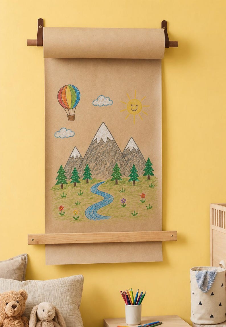 Pu&ograve; includere: Un dispenser di carta kraft marrone montato a parete con cinghie in pelle scura che sostiene un lungo foglio di carta con un disegno a pastello colorato di una mongolfiera, un sole sorridente, montagne innevate e un fiume blu.