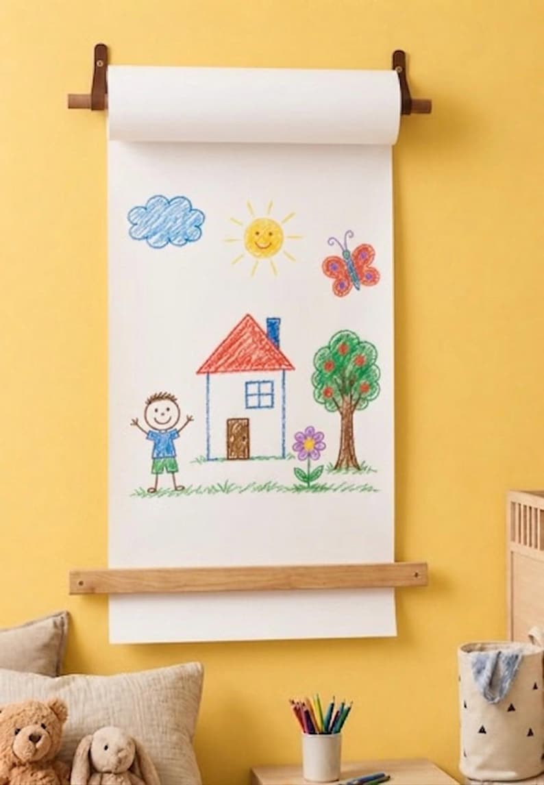 Pu&ograve; includere: Un dispenser di carta a parete con un'asta in legno sostenuta da cinghie in pelle scura. Un lungo foglio di carta bianca pende verso il basso, mostrando un disegno a matita colorata di una casa, una persona, un sole, una nuvola, una farfalla, un albero e un fiore.