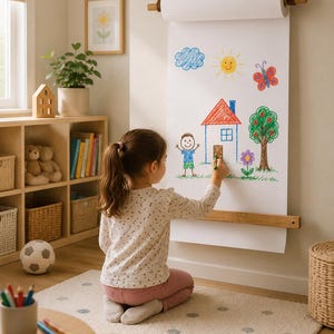 Puede incluir: Un dispensador de papel montado en la pared con una varilla de madera sujeta por correas de cuero, que sostiene una hoja larga de papel blanco con un dibujo a lápices de colores de una casa, una persona, un sol, una mariposa, un árbol y una flor.