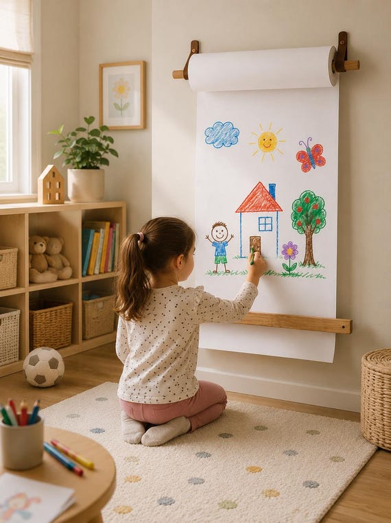 Kids Art Paper Roll Holder, Montessori Art Station, Toddler Drawing Paper Board, Playroom Decor