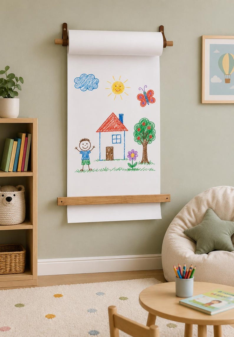 Pu&ograve; includere: Un dispenser di carta a parete realizzato in legno chiaro con cinghie in pelle, che sostiene un lungo foglio di carta bianca con un disegno a matita colorata raffigurante una casa, una persona, un albero, un sole, una nuvola, una farfalla e un fiore.