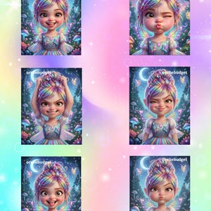 Peut inclure: Six illustrations numériques d'une jeune fée aux cheveux et aux ailes arc-en-ciel, chacune avec une expression différente. Les images sont placées sur un fond de forêt fantaisiste avec des papillons et un croissant de lune. Le texte "oreliebudget" est visible.