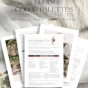 May include: A collection of printed cards titled 30 Wedding Color Palettes, Wedding Palette Collection, Spring, Summer, Fall, Winter. The cards feature text, color swatches, and photographs of wedding scenes, including the Mulberry Grove palette.