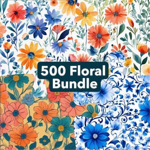 Peut inclure: Une collection numérique de motifs floraux présentant diverses fleurs de style aquarelle dans des tons orange, jaune, bleu et sarcelle sur des fonds blancs et jaunes. Le texte 500 Floral Bundle est centré dans un encadré sombre.