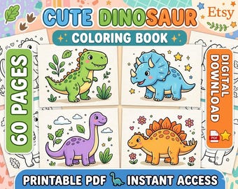 Dinosaur Coloring Book – 60 Pages Printable PDF Activity Book (Digital Download)