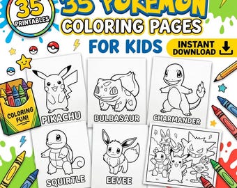 35 Pokemon Coloring Pages Printable for Kids | Instant Download Coloring Book | Cute Anime Creatures Coloring Sheets | DIY Print