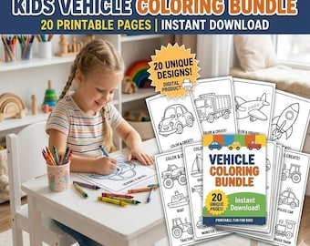 Kids Vehicle Coloring Pages Bundle – 20 Printable Sheets (Instant Download)