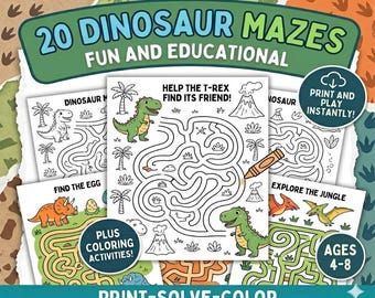 Dinosaur Mazes Activity Pack, Dinosaur Shaped, Coloring Pages (Instant Download)