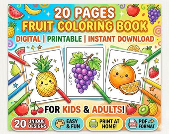 Fruit Coloring Book Bundle | 20 Printable Pages for Kids Adults (Digital Download)