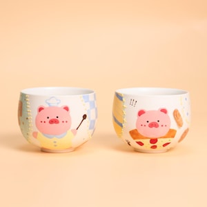 Lot de 2 gobelets en céramique kawaii peints à la main cochon chef et cochon à dessert bleu rouge tasses patchwork poterie tasse à thé cadeau esthétique pour bestie