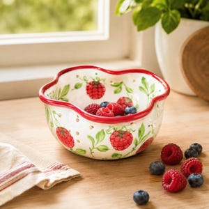 Strawberry Garden Ceramic Berry Bowl Red Scalloped Fruit Colander Hand Painted Produce Strainer Cute Summer Kitchen Decor Housewarming Gift